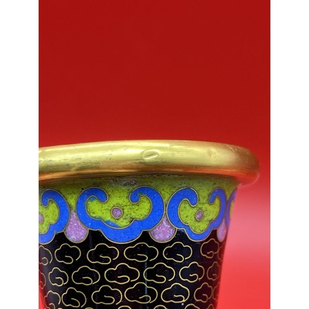 Vintage Chinese Cloisonne Enamel Vase Black Multicolor Flowers Butterfly 8.25